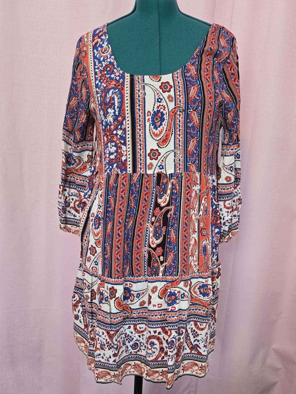 Umgee Paisley Tiered Long Sleeve Tunic Dress in Red, Blue & White